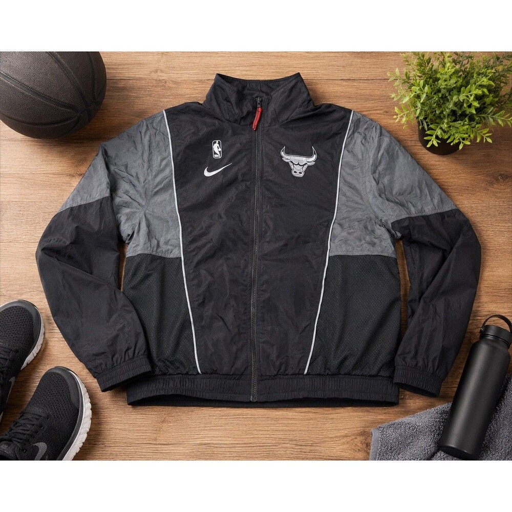 Chicago Bulls Nike Mens Large Track Jacket Black Grey NBA Basketball Coat Jersey